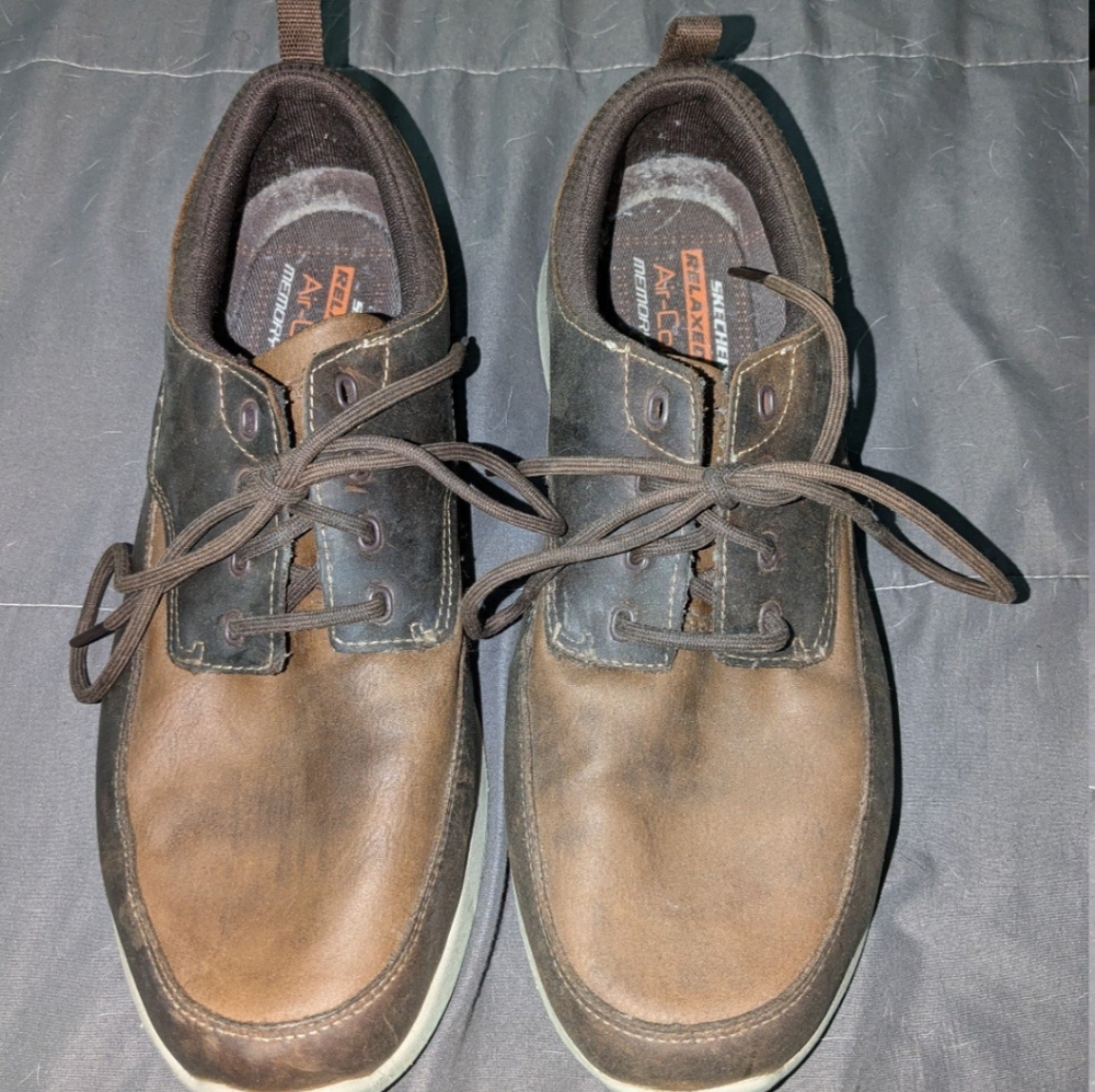 SKECHERS MEN'S ELENT - LEVEN BROWN LEATHER CASUAL SHOES - SIZE 11 - PREOWNED